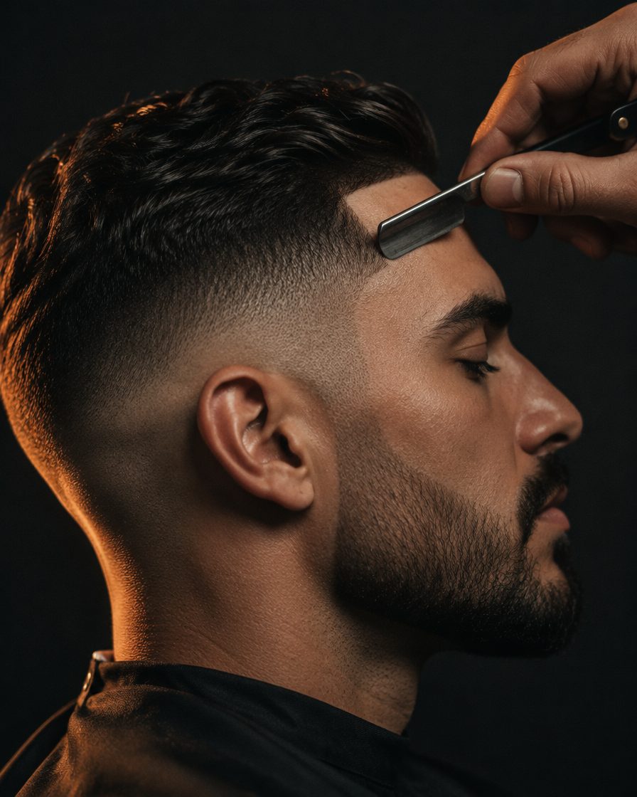 Perfil de um cliente com degradê recém-feito, o barbeiro acertando a linha com a navalha